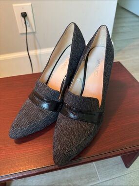 Nine West Black and Gray Pointed-Toe Loafer Heels